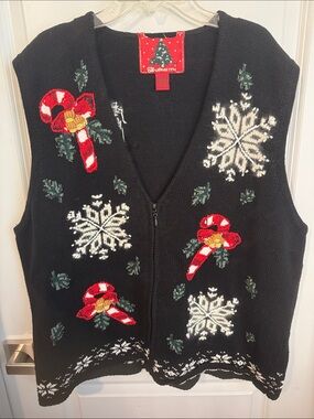 Black Candy Cane Zip-Front V-Neck Sweater Vest